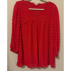 Jodifl Large Red Swiss Dot Textured Blouse Long Sleeve V Neck Boho Holiday Top